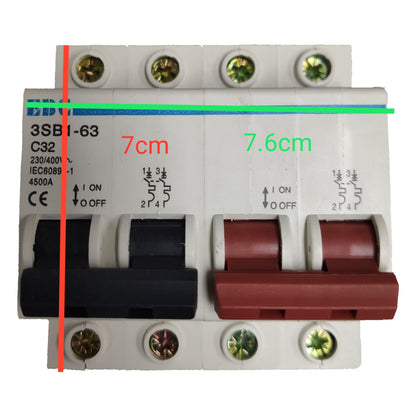 Electrical circuit breaker with measurements indicated on a white background