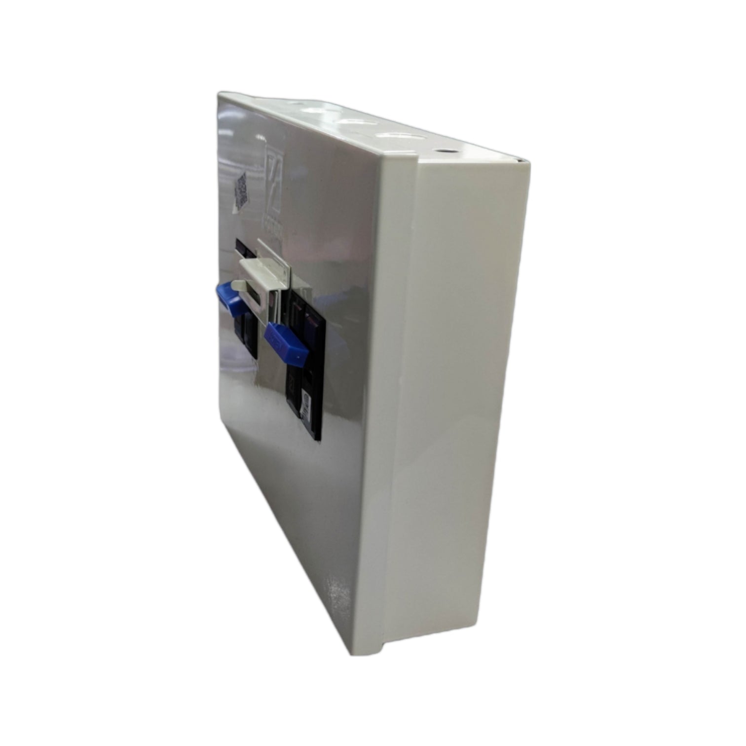 White electrical panel with blue handles on a white background