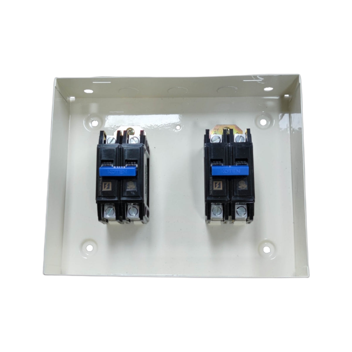 Two electrical circuit breakers on a white background