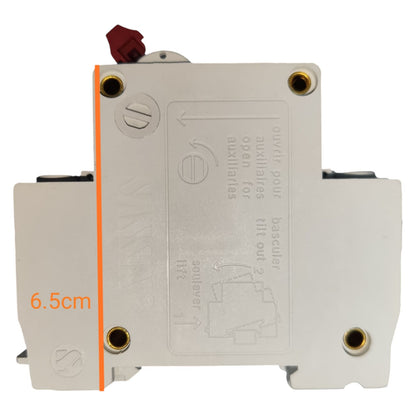 Electrical breaker panel with branding and specifications on a white background