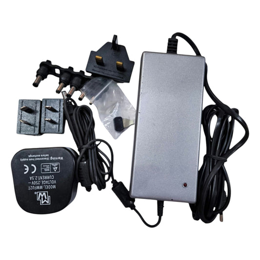 Electrical adapter set with multiple plugs on a white background