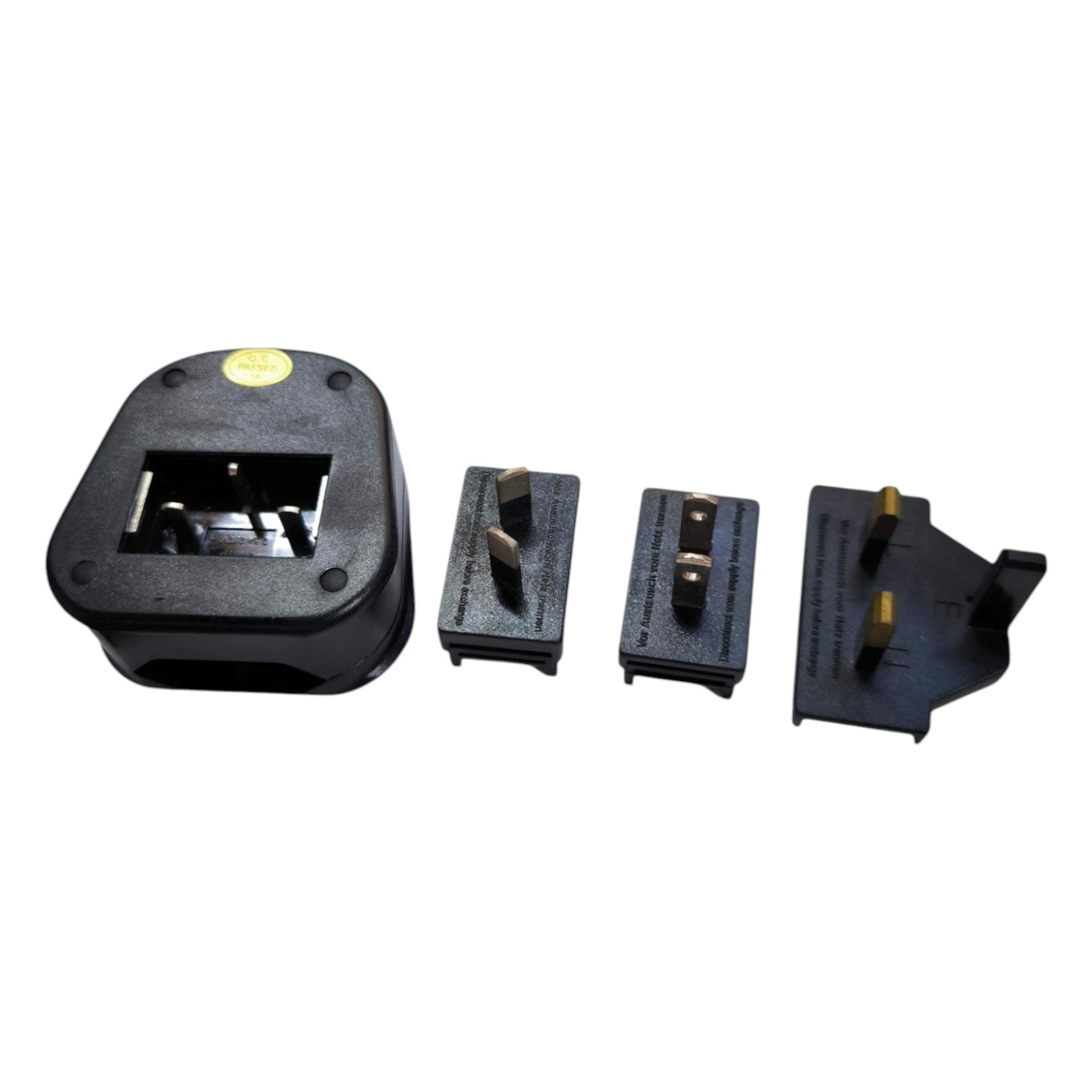 Black electronic device with interchangeable parts on a white background