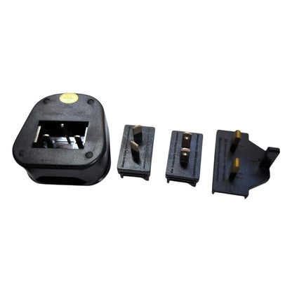 Black electronic device with interchangeable parts on a white background