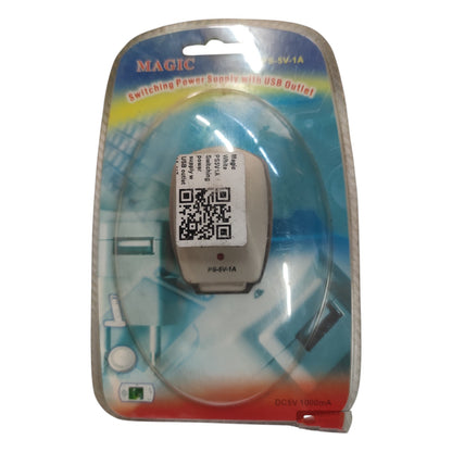 Power supply with USB outlet in packaging on a white background