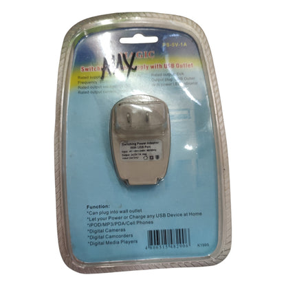 Power adapter with USB port in packaging on a white background