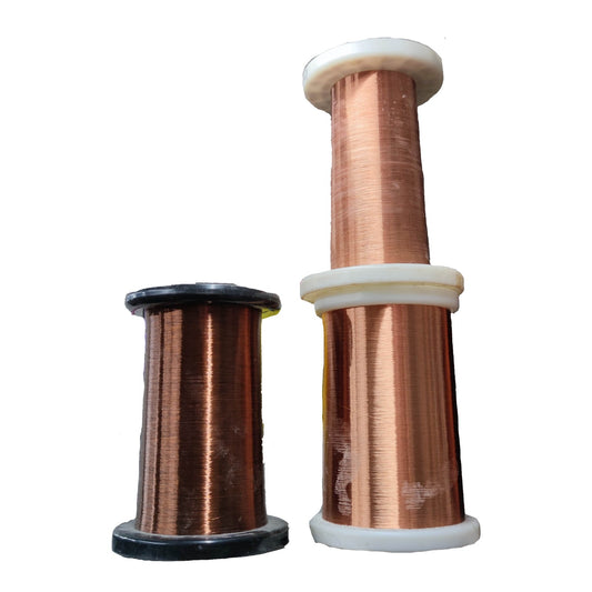 Two copper wire spools on a plain white background, one smaller spool with a black top and bottom and one larger spool with a white top and bottom.