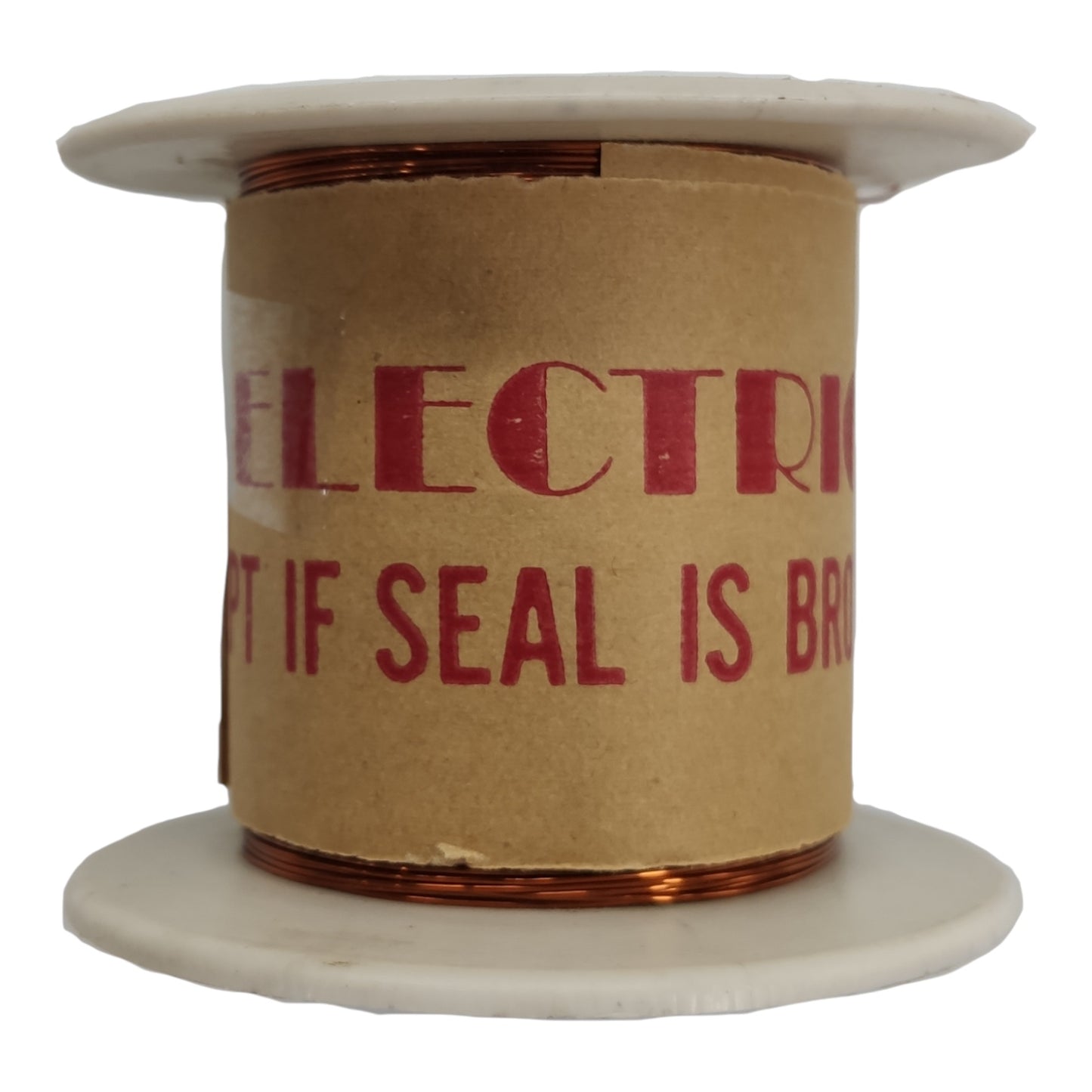 A spool of copper wire wound around a brown cardboard core with red printed text, isolated on a white background.