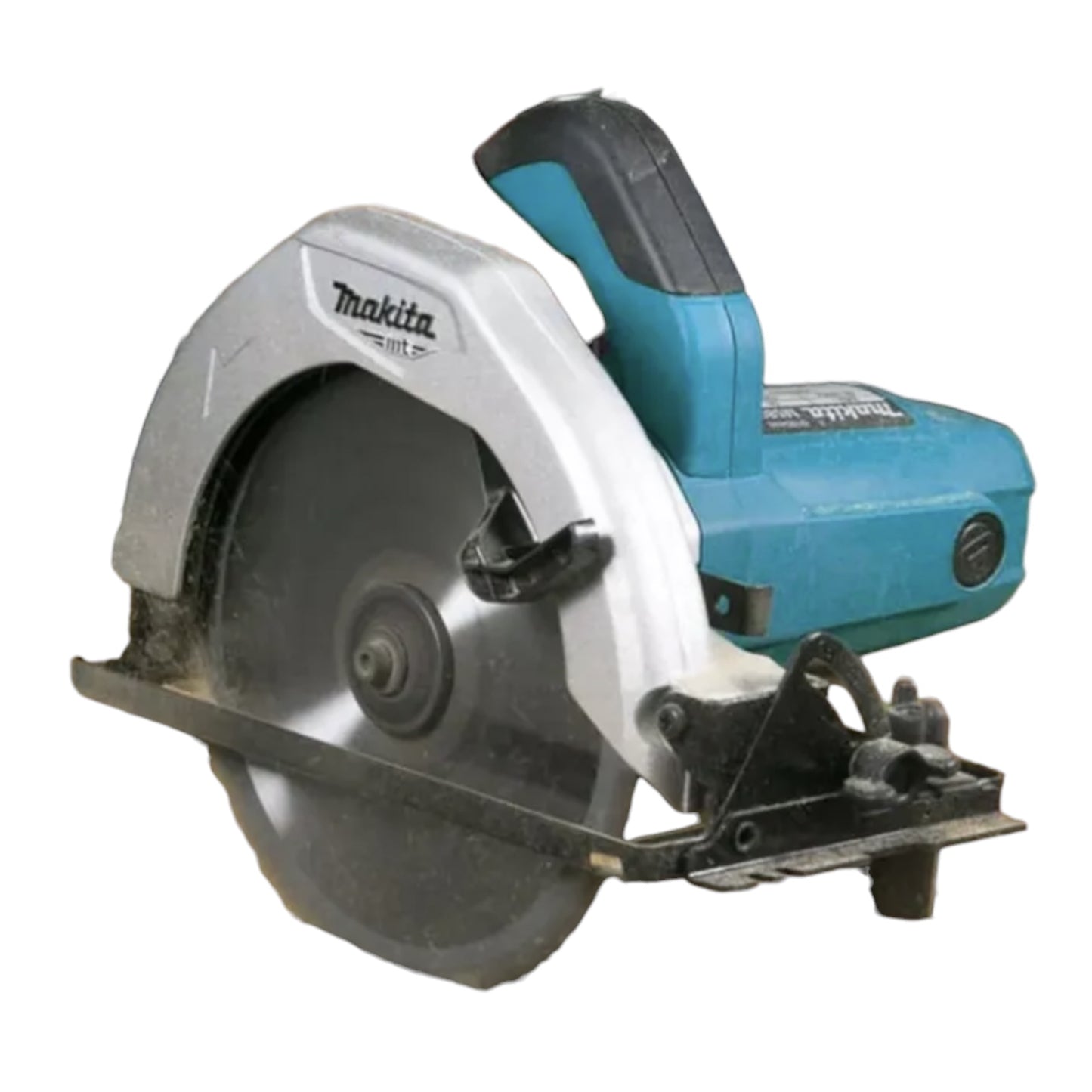 A Makita circular saw with a silver metal guard, black blade, and teal blue and black handle, isolated on a white background.