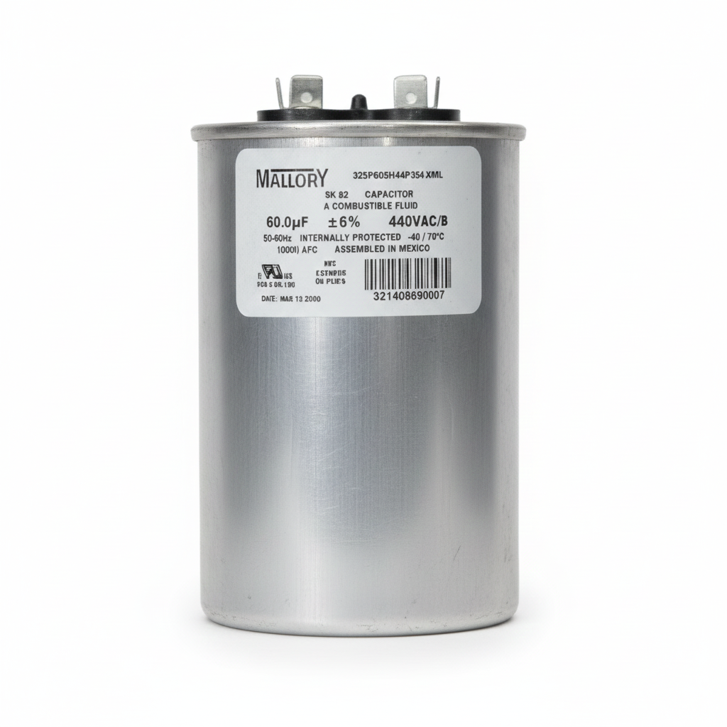 Metallic cylindrical capacitor with label on a white background Mallory 60uF 440V Oiled Filled Capacitor with Aluminum Body Electx Electrical SUpply