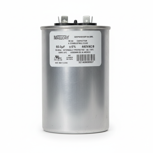Metallic cylindrical capacitor with label on a white background Mallory 60uF 440V Oiled Filled Capacitor with Aluminum Body Electx Electrical SUpply