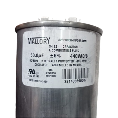 Mallory capacitor with label on a white background Mallory 60uF 440V Oiled Filled Capacitor with Aluminum Body Electx Electrical SUpply