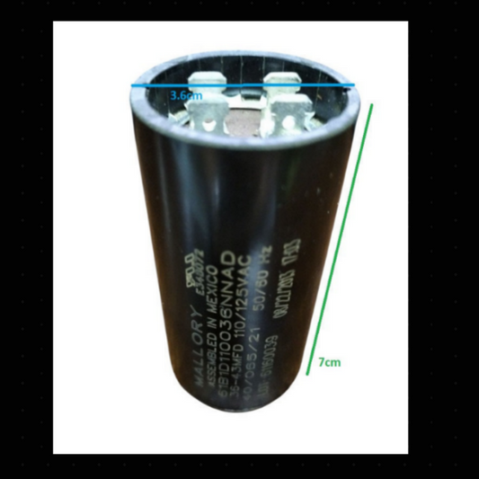Mallory Starting Capacitor 36-43MFD 125V with black cylindrical body and connection terminals