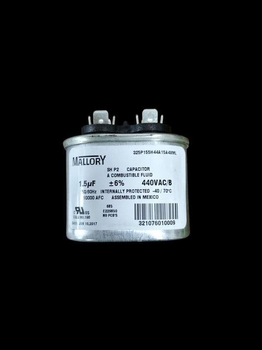 Mallory Oil-Filled Metallized Polypropylene Film Running Capacitor 1.5UF 440V AC 50/60Hz Cylindrical Aluminum Can, With Resin-Sealed Terminals, Assembled in MEXICO