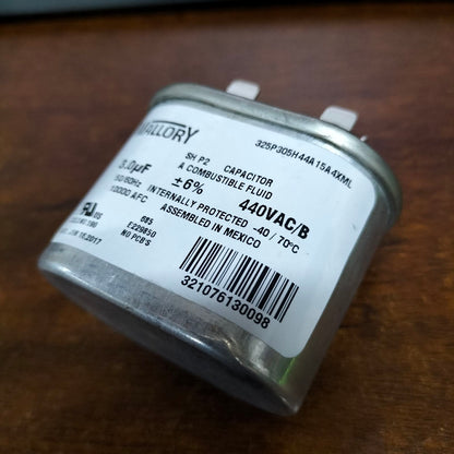 Mallory Oil-Filled Metallized Polypropylene Film Running Capacitor 3UF 440V AC 50/60Hz Cylindrical Aluminum Can, With Resin-Sealed Terminals, Assembled in MEXICO
