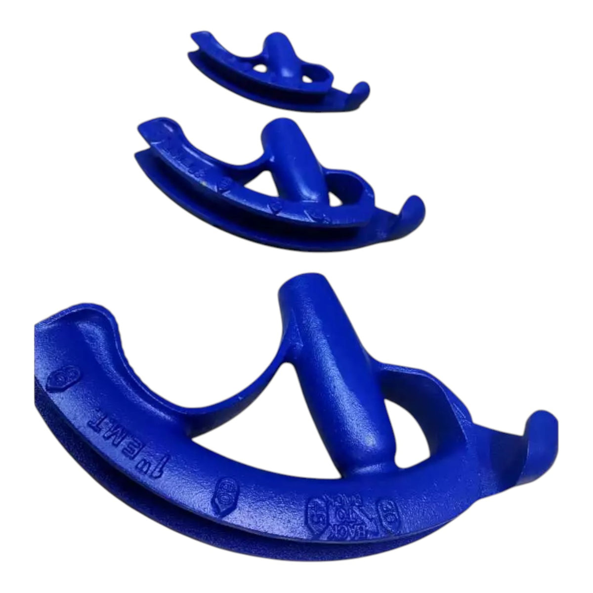 Three blue plastic mounting brackets or clips shown on a plain white background, arranged by size.
