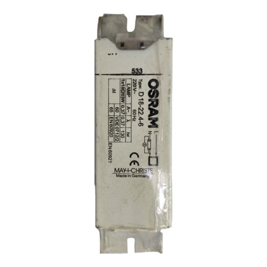 An Osram D1-12-22-4-6 lamp driver module by May-Clisse, featuring a white plastic housing with black printed technical specifications and branding, shown on a plain white background.