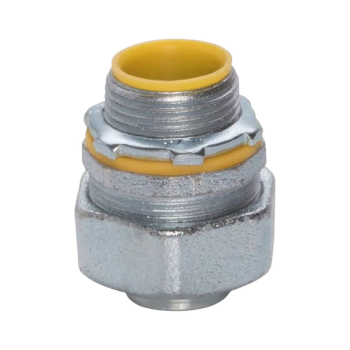 A metal threaded connector fitting with a hexagonal body, galvanized silver finish, and yellow rubber gaskets inside the threads, shown on a plain white background.