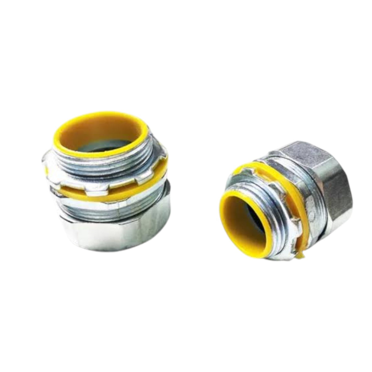 Two metal threaded connector fittings with bright yellow inner rings, shown on a plain white background.