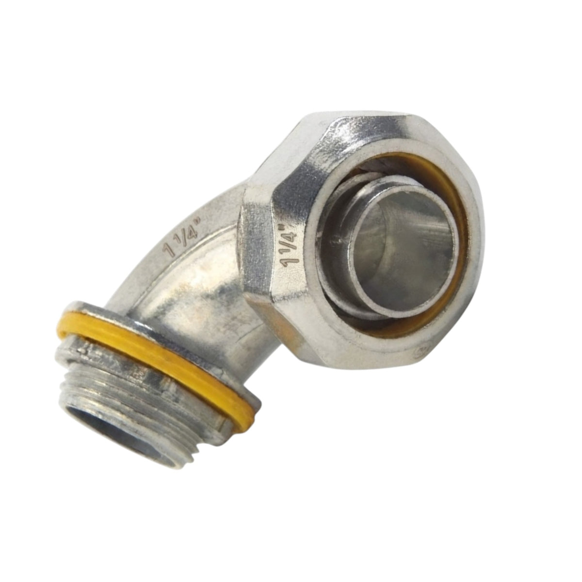 A stainless steel 90-degree elbow hose connector with a yellow O-ring and engraved '1/4"' markings, shown on a white background.