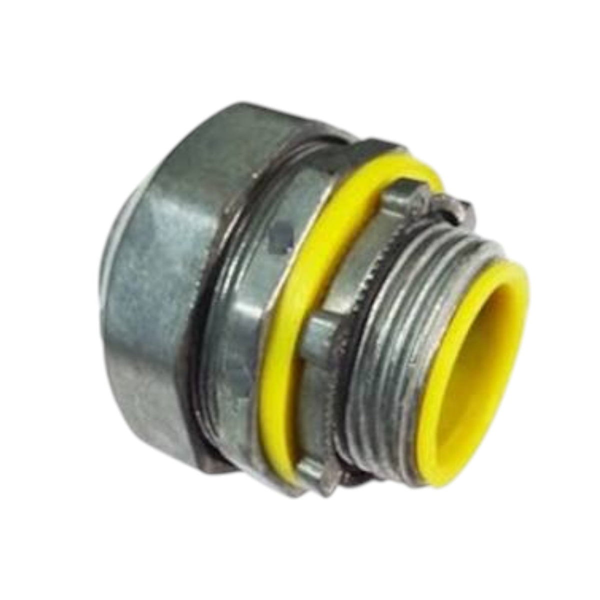 A metal threaded connector fitting with bright yellow rubber O-rings, shown on a plain white background.