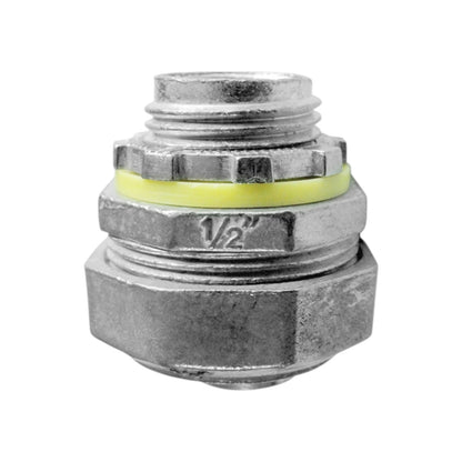 A galvanized metal threaded connector fitting with a bright yellow-green O-ring, shown on a plain white background.
