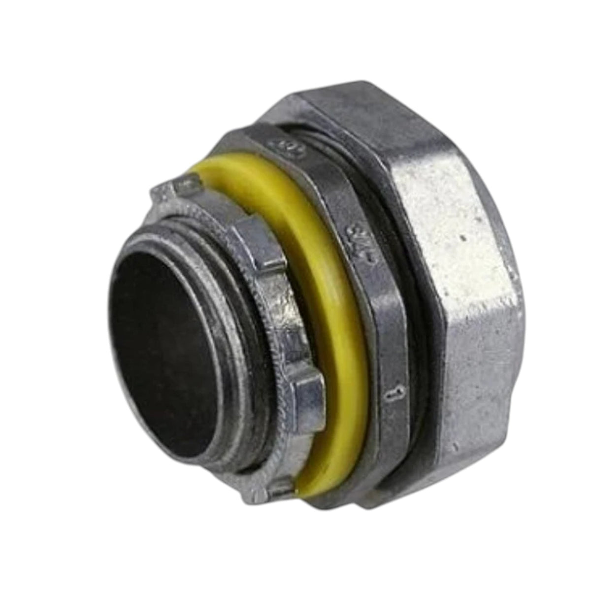 A galvanized metal hexagonal connector fitting with a bright yellow rubber O-ring, shown on a plain white background.