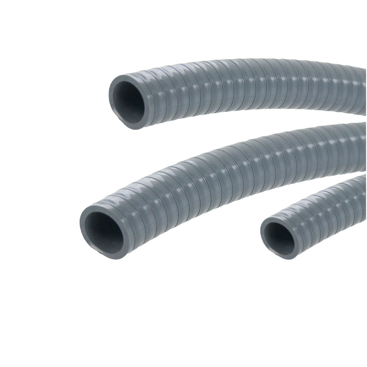 Three gray corrugated plastic conduit tubes shown on a plain white background.