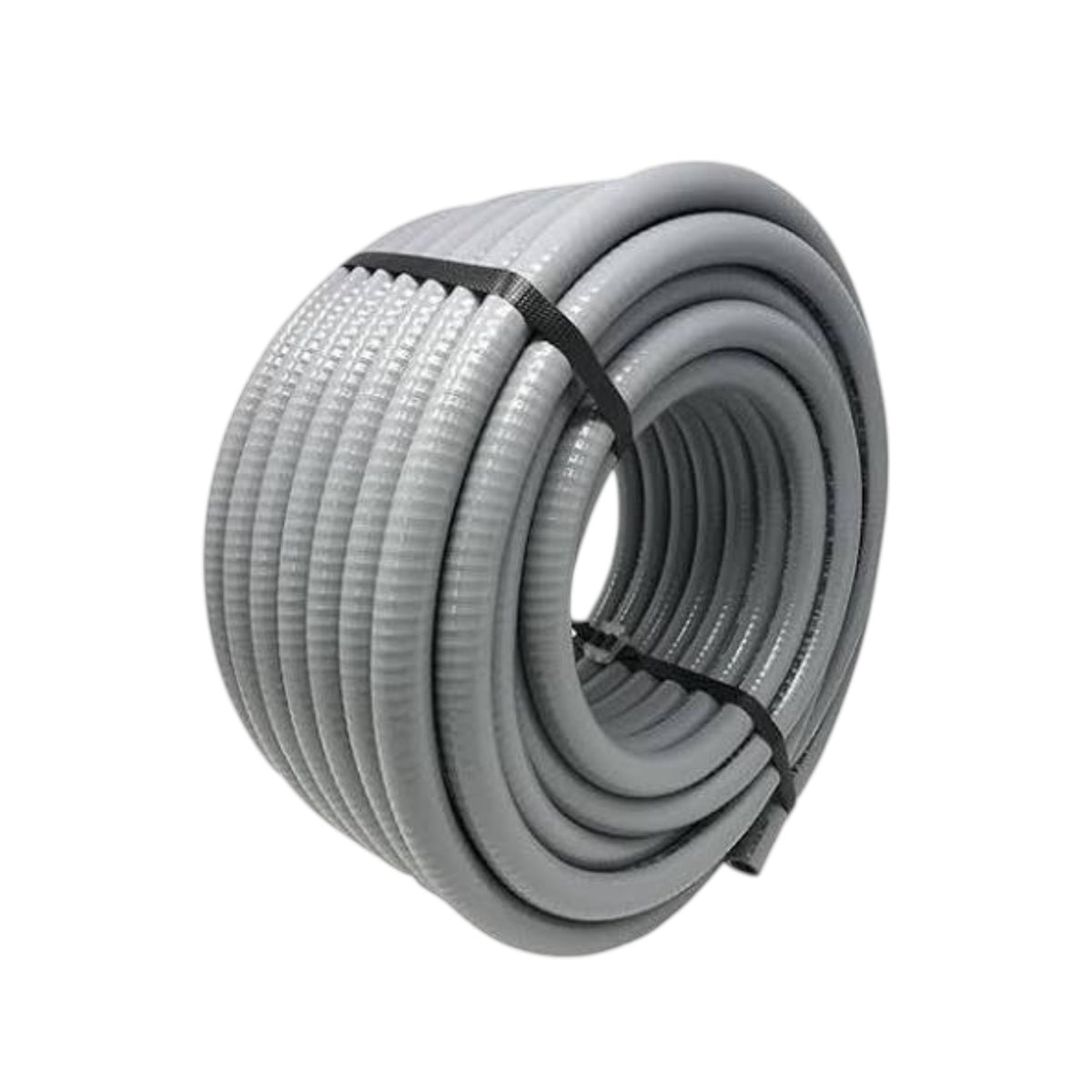 A coiled gray corrugated flexible hose or pipe secured with a black strap, shown on a plain white background.