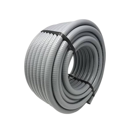 A coiled gray corrugated flexible hose or pipe secured with a black strap, shown on a plain white background.