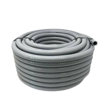 A coiled gray corrugated flexible hose or pipe section on a plain white background.