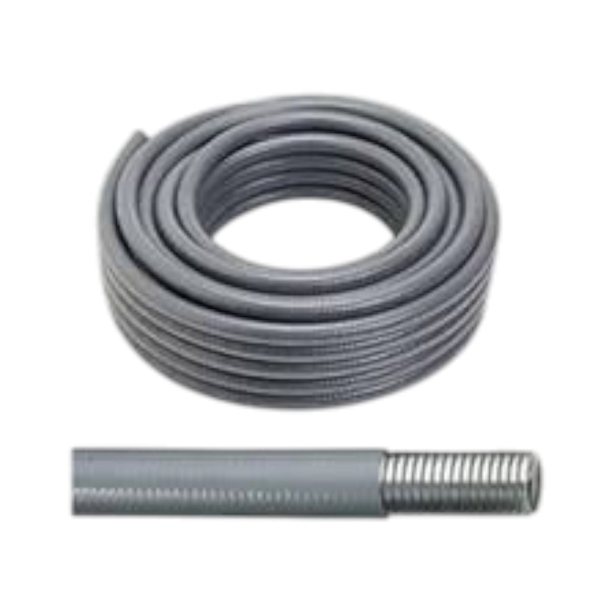 A coiled gray cable or wire with a threaded metal end, shown on a plain white background.