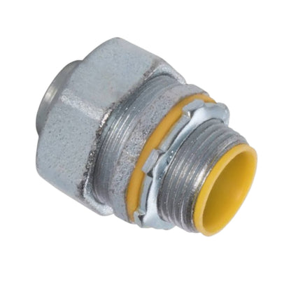 A metal threaded connector fitting with a hexagonal body, galvanized silver finish, a yellow inner ring, and a yellow interior opening, shown on a plain white background.