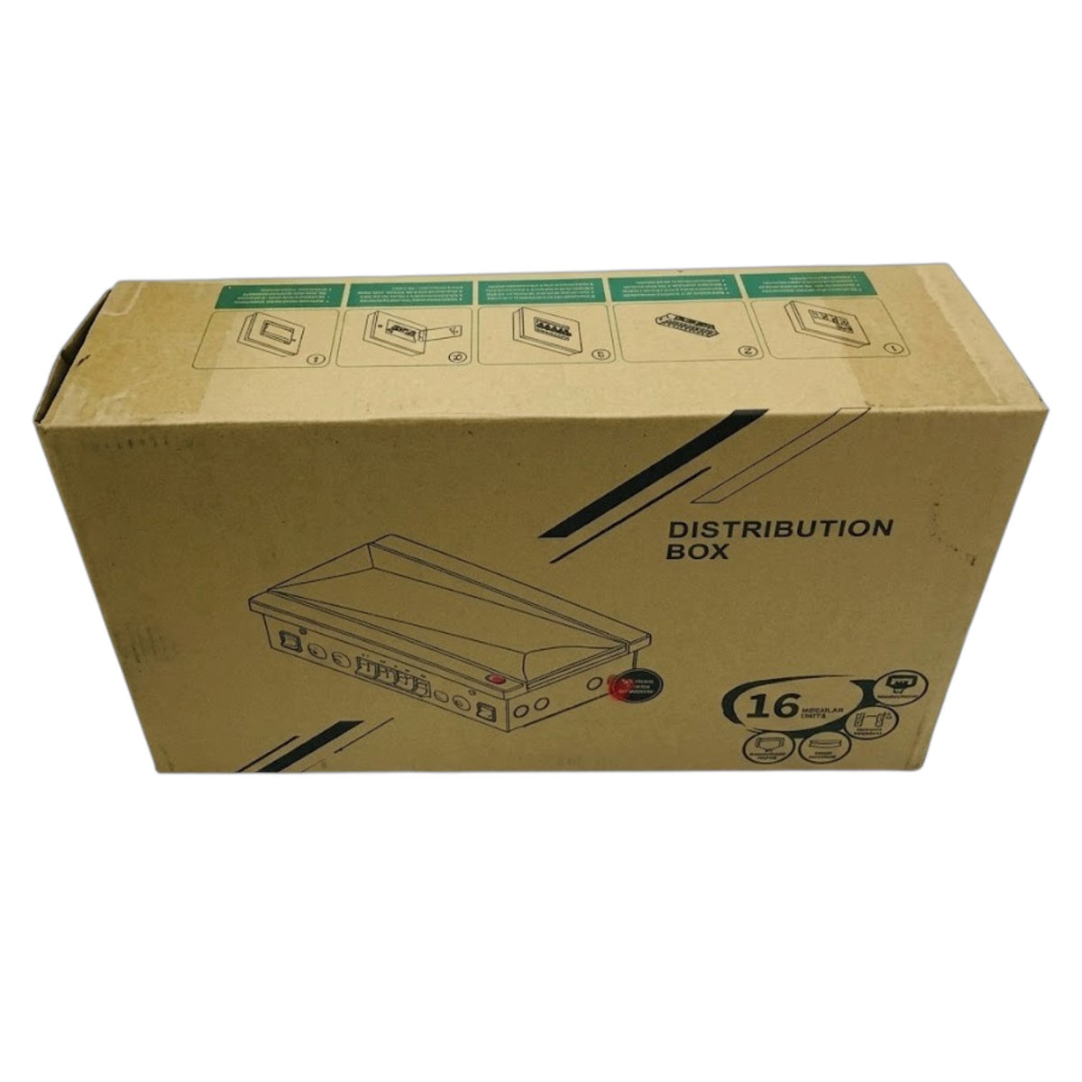 A brown cardboard distribution box with printed diagrams and text including 'DISTRIBUTION BOX' and '16 in', photographed on a plain white background.