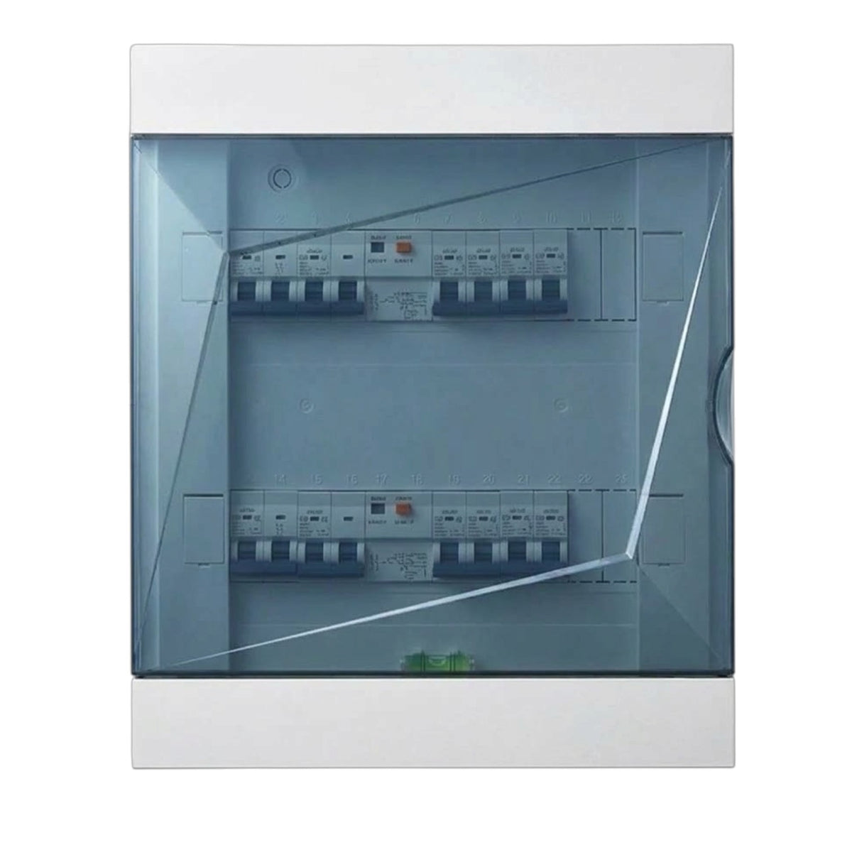 A double-module electrical distribution board (EDB) with circuit breakers visible behind a transparent protective cover, set against a plain white background.