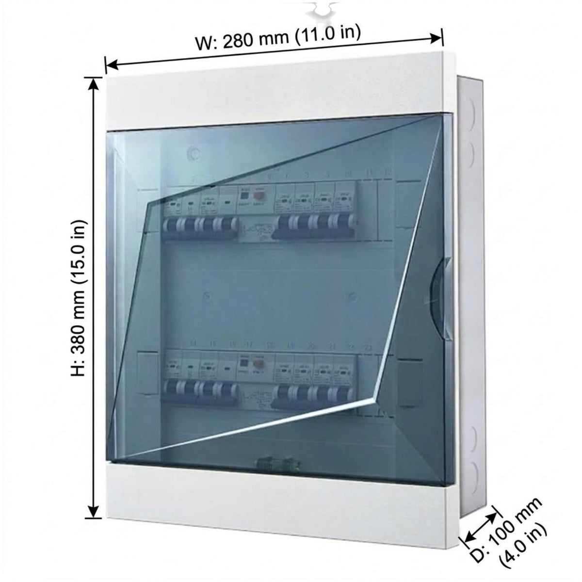 White electrical distribution box with a hinged transparent door, showing internal circuit breakers, with dimension annotations indicating 280 mm width, 380 mm height, and 100 mm depth.