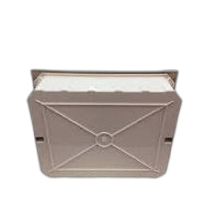 A square plastic storage box with a hinged lid, shown open to reveal a white interior. The exterior of the box is a light taupe or beige color with a molded envelope-style design on the front panel.