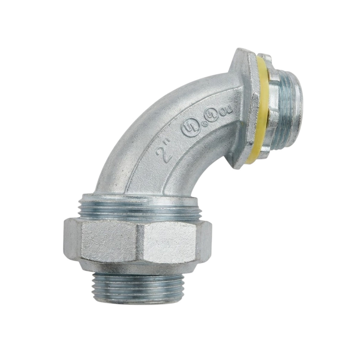 A galvanized steel 90-degree elbow pipe connector with a yellow rubber O-ring, shown on a plain white background.