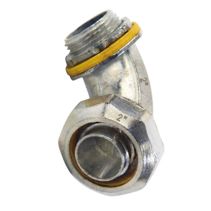 A 2-inch metal elbow coupler fitting with a yellow rubber O-ring, isolated on a white background.