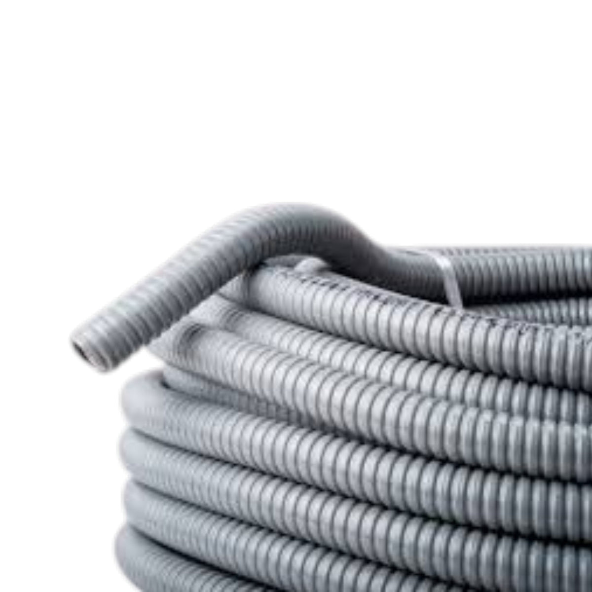 Gray corrugated plastic conduit hose coiled on a white background.