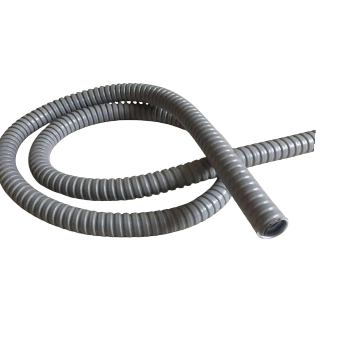 A coiled gray corrugated plastic or metal conduit hose on a plain white background.