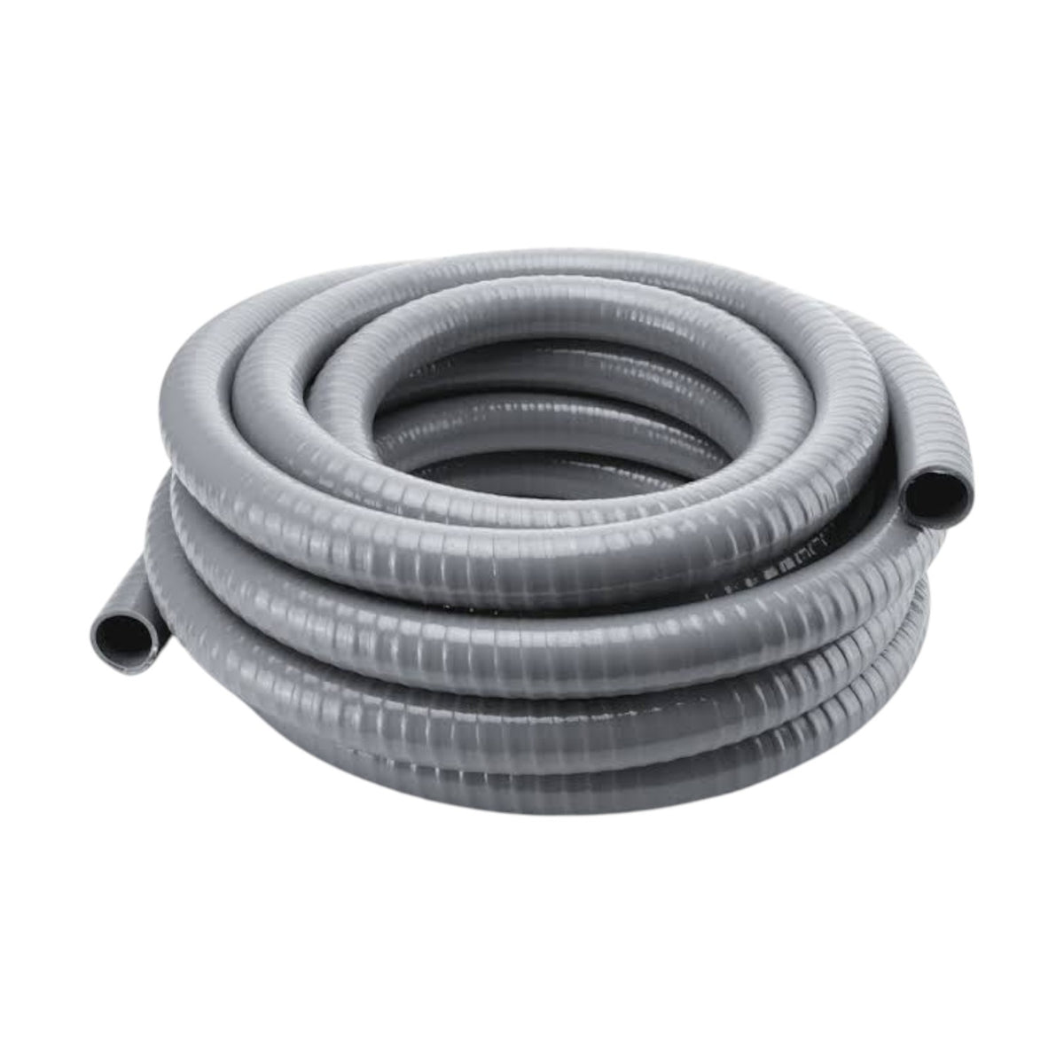 A coiled gray corrugated flexible hose on a plain white background.