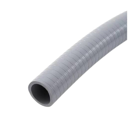 A gray corrugated plastic conduit or hose shown at an angle on a plain white background.