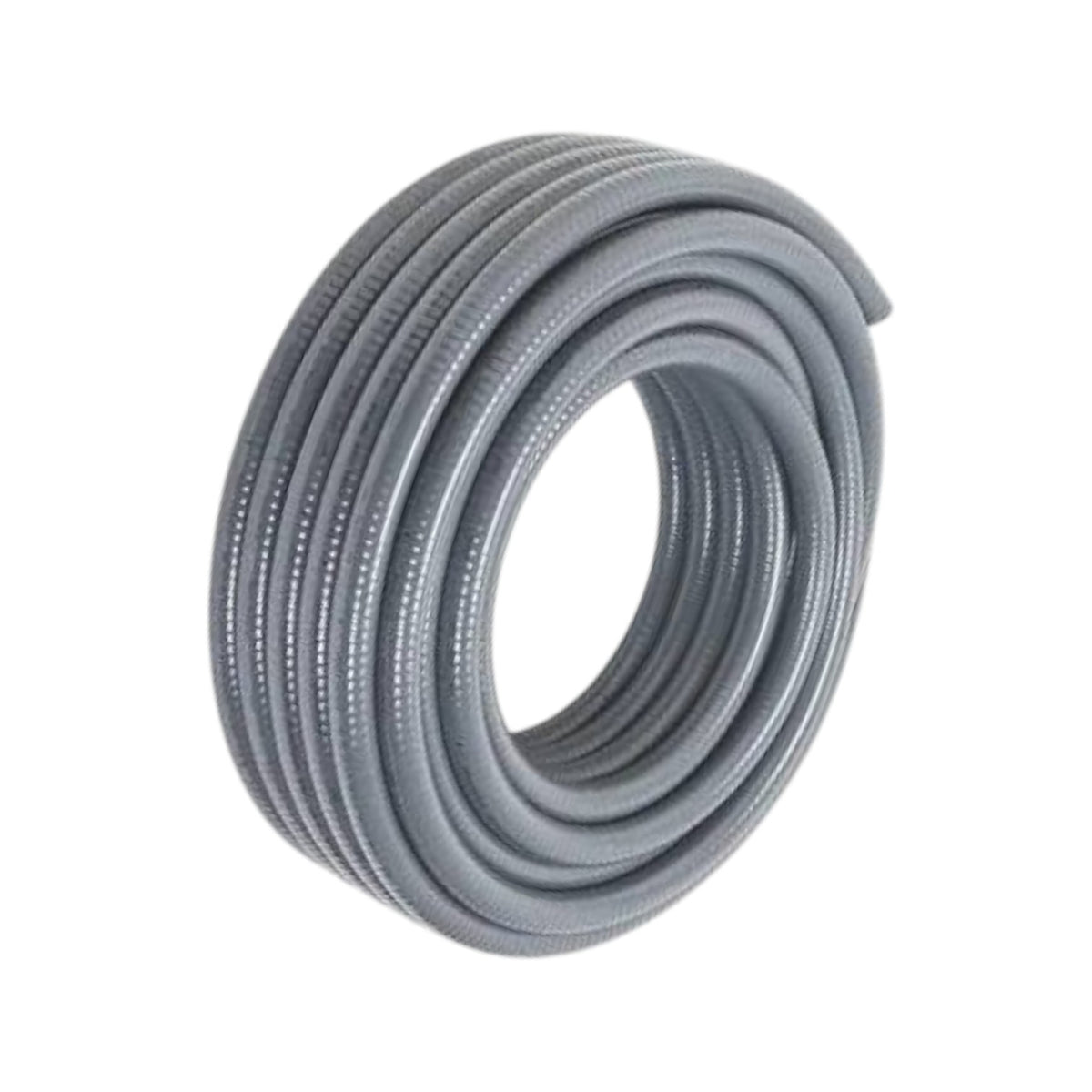 A coiled gray corrugated pipe or conduit hose on a plain white background.