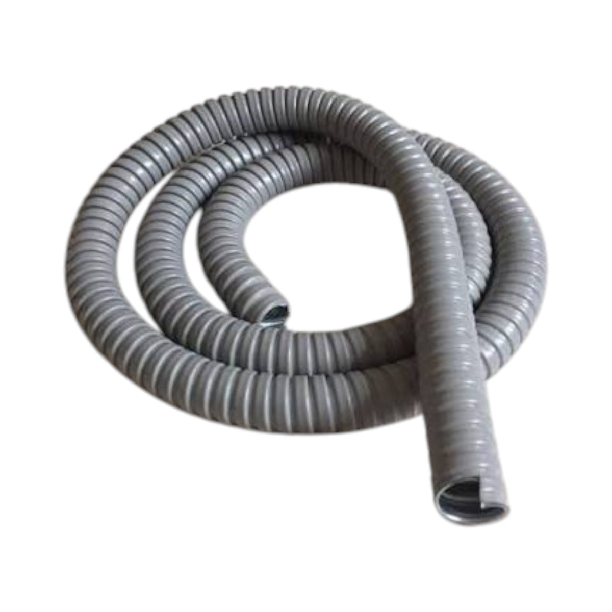 A coiled gray corrugated electrical cable protective tube on a plain white background.