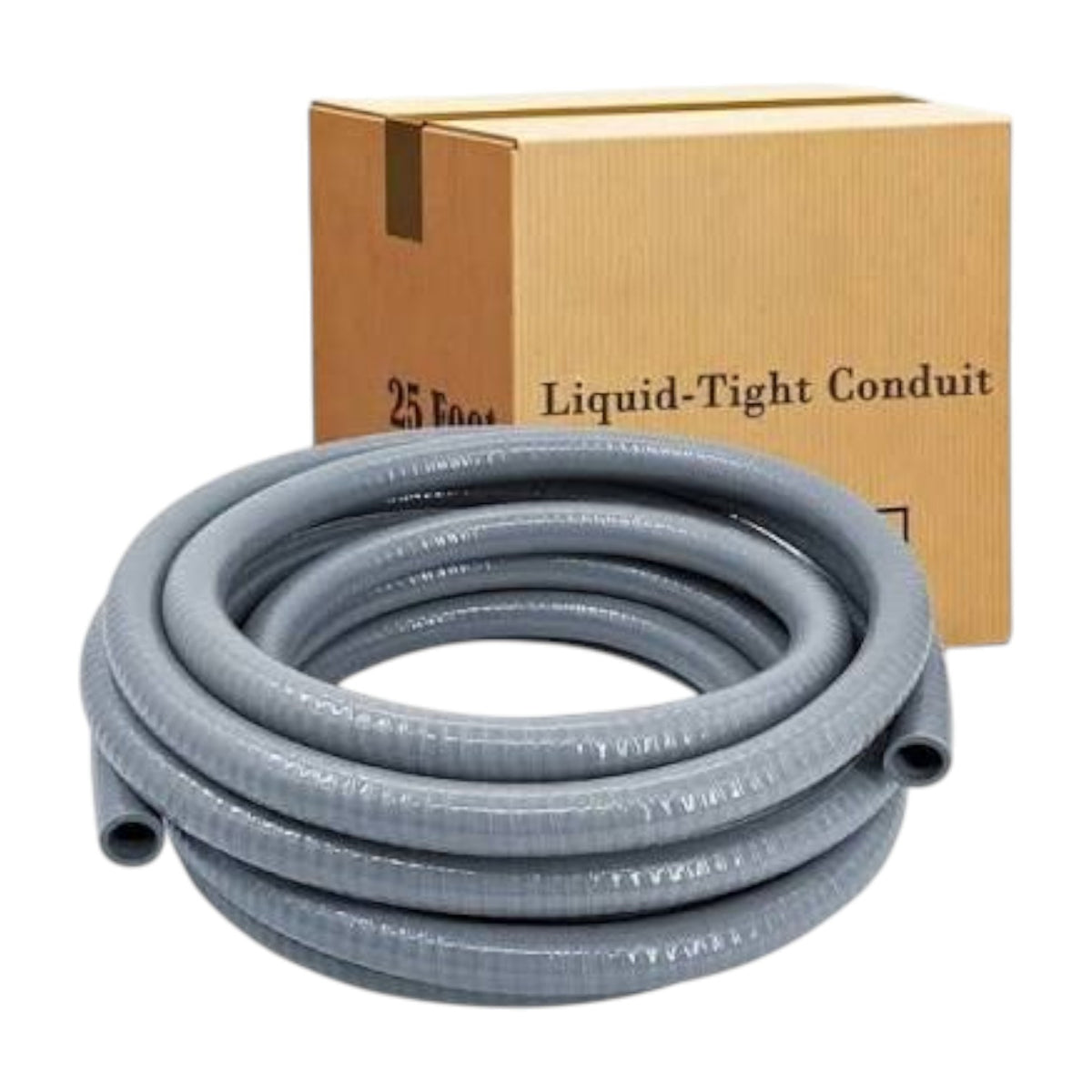 A coiled gray liquid-tight conduit hose placed in front of a brown cardboard box labeled 'Liquid-Tight Conduit' on a white background.