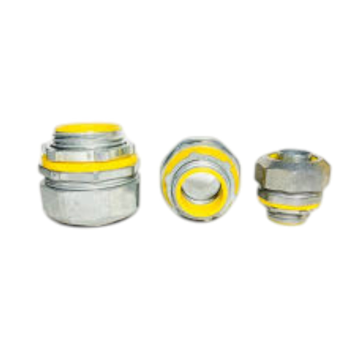 Three metal cable glands with yellow O-rings, shown from different angles on a plain white background.