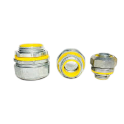 Three metal cable glands with yellow O-rings, shown from different angles on a plain white background.