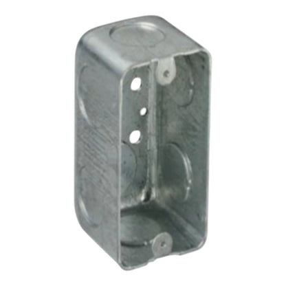 A galvanized metal electrical junction box with pre-drilled screw terminals and circular mounting holes, shown on a plain white background.