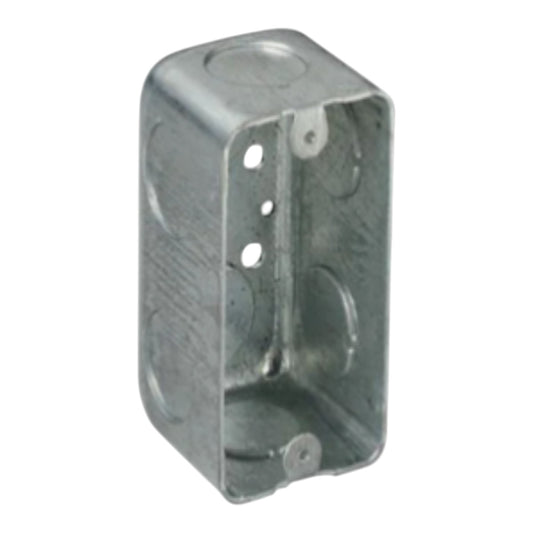 A galvanized metal electrical junction box with pre-drilled screw terminals and circular mounting holes, shown on a plain white background.
