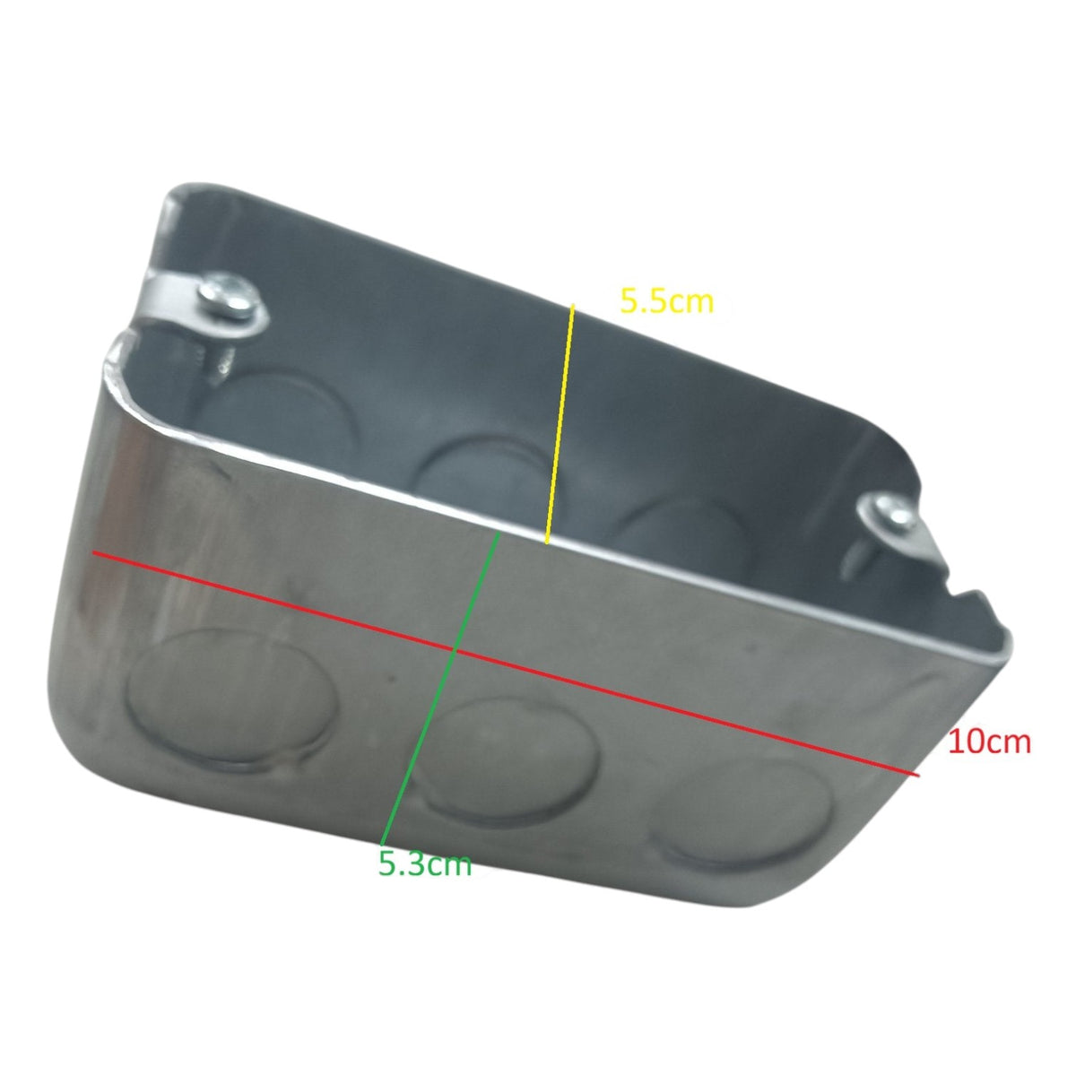 A metallic junction box shown on a white background with colored measurement lines and labels indicating dimensions of 5.5cm, 10cm, and 5.